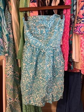 Lilly Pulitzer Aqua & White Strapless Printed Cotton Sundress